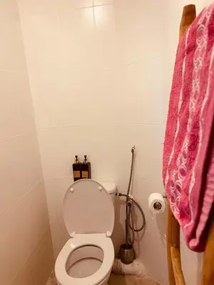 a bathroom with a toilet and a pink towel at Appartement cosy au coeur des souks de Marrakech in Marrakech