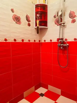 a red shower in a bathroom with red tile at Dar béa in Marrakech