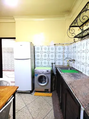 a kitchen with a washing machine and a refrigerator at Maison traditionnelle marocaine à Marrakech in Marrakech