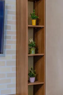 a wooden book shelf with potted plants on it at Chic & spacious apartment in Gueliz in Marrakech