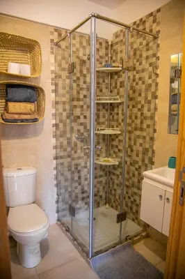 a bathroom with a shower with a toilet and a sink at Cozy, Nice appartement,swimming pool,Wifi in Marrakech