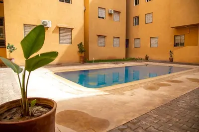 a plant in a pot next to a swimming pool at Cozy, Nice appartement,swimming pool,Wifi in Marrakech