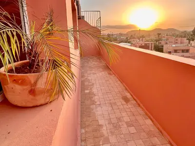 a potted plant sitting on the ledge of a balcony at Elegant & Cosy Cocoon in Central Gueliz in Marrakech
