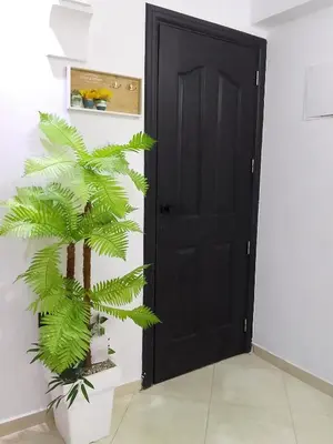 a black door in a room with a palm tree at مراكش سنتر جيليز احسن موقع في مراكش in Marrakech