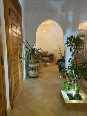 a hallway with potted plants and a door at Riad Amanar in Marrakech