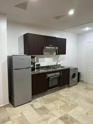 a kitchen with a refrigerator and a washing machine at L'AUTHENTIQUE 37 face de la gare CTM Hivernage in Marrakech