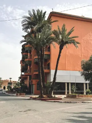 two palm trees in front of a building at Cozy apartment Marrakech hivernage with nice terrace in Marrakech