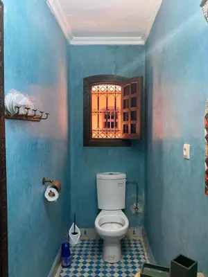 a bathroom with a toilet in a blue room at Le Riad l'étoile beldi in Marrakech