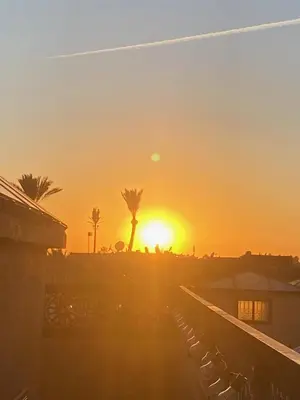 a sunset over a train station with palm trees at Le Riad l'étoile beldi in Marrakech