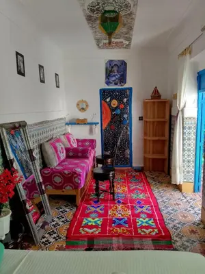 a living room with a pink couch and a red rug at Riad Dar Medina Land in Marrakech