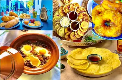 a collage of four pictures of breakfast foods at Marakech home in Marrakech