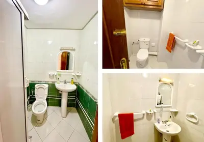 two pictures of a bathroom with a toilet and a sink at Beautiful family apartment with parking in Marrakech