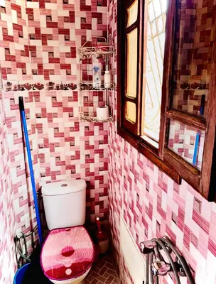 a bathroom with a pink toilet and a window at Marrakech mhamid in Marrakech