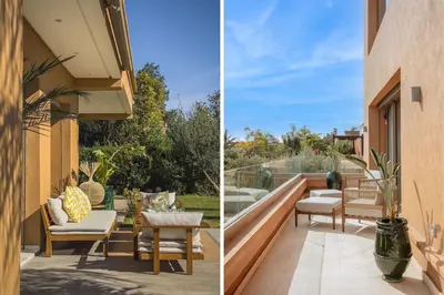 two pictures of a patio with chairs and a table at Villa Dar Saliha in Ala el Ma