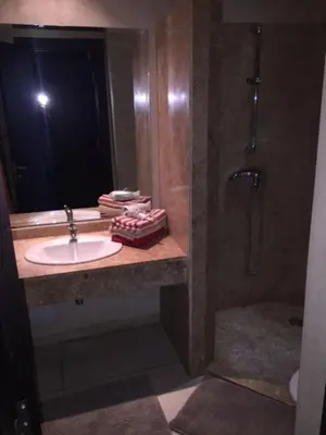 a bathroom with a sink and a shower at Apartment with Private Rooftop & Jaccuzzi in Marrakech
