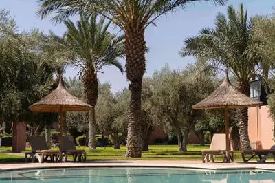 a pool with chairs and umbrellas and palm trees at Résidence AYDA Riad Villa Hanane in Marrakech