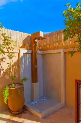 a building with an outdoor fireplace with a plant at Riad DAR ELMA NOI in Marrakech