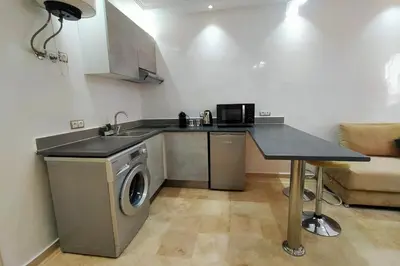 a kitchen with a sink and a washing machine at Cozy Apt in Heart of Marrakech, Walk Everywhere in Marrakech