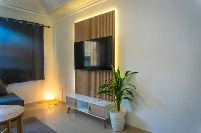 a living room with a tv and a potted plant at Appartement Walili in Marrakech