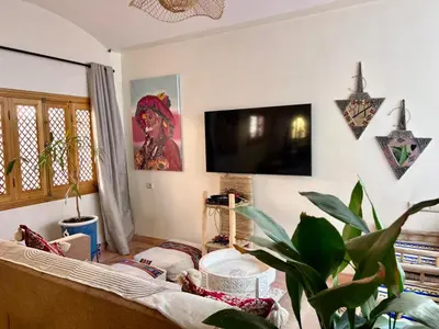 a living room with a couch and a flat screen tv at Riad Privatisé- Riad Dar Farida in Marrakech