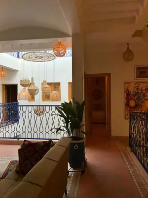 a living room with a couch and a potted plant at Riad Privatisé- Riad Dar Farida in Marrakech