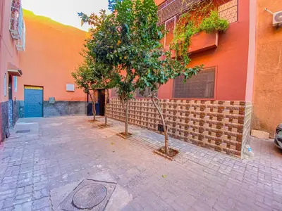 two trees in a courtyard next to a building at Dar AINA in Marrakech