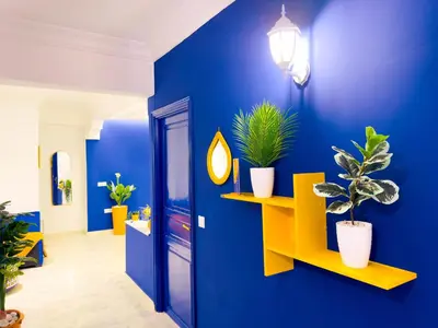 a blue room with potted plants on shelves at Suite Majorelle l Gueliz,balcon,clim, Netflix,WiFi in Marrakech