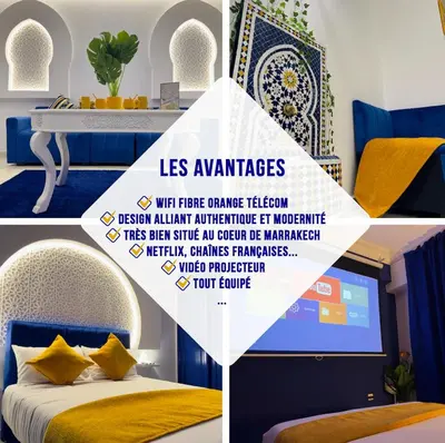 a collage of pictures of a bedroom with a bed and a computer at Suite Majorelle l Gueliz,balcon,clim, Netflix,WiFi in Marrakech