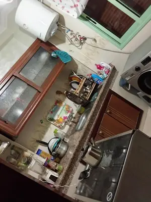 an overhead view of a kitchen with a counter top at Basatine gelez in Marrakech