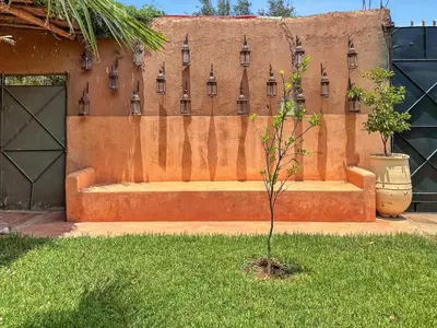 a small tree in the grass in front of a building at Dariana guesthouse in Marrakech