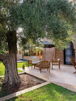 a group of benches sitting under a tree at Riad Perles d'Annellia in Marrakech
