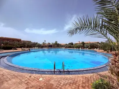 a large blue swimming pool with a palm tree at Appartement les jardins de la Palmeraie III in Marrakech