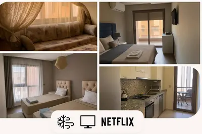 a collage of four pictures of a hotel room at Near Gueliz 2 Bedrooms 3 ACs Fast WiFi Netflix in Marrakech