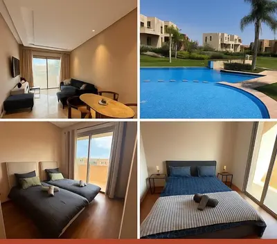 a collage of four pictures of a bedroom with a bed and a pool at Appartement prestigia Marrakech in Marrakech