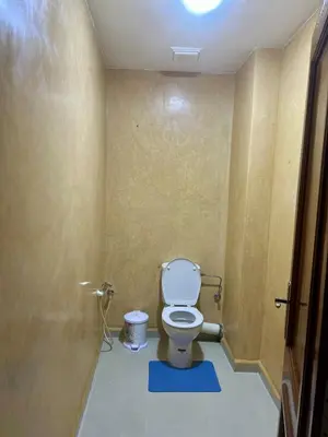 a bathroom with a toilet and a blue rug at Appartement familière luxe hay menara in Marrakech