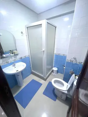 a bathroom with a shower and a toilet and a sink at Appartement familière luxe hay menara in Marrakech