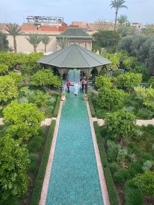 an overhead view of a pool in a garden at Riad Médina Bienvenue in Marrakech