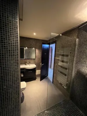 a bathroom with a shower and a toilet and a sink at GUELIZ 2 chambres 1 terrasse proche majorelle in Marrakech