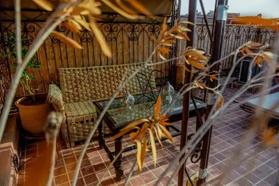 a wicker chair sitting on a balcony with a plant at Riad Palm and Pool 2 in Marrakech