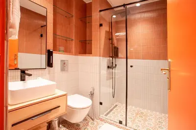 a bathroom with a shower and a toilet and a sink at Triplex luxe marrakech in Marrakech