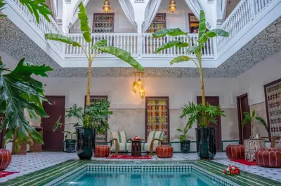 a pool in a room with trees and plants at Riad les palmiers de la medina in Marrakech