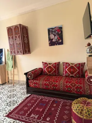 a living room with a red couch and a rug at traditional apartment in Marrakech