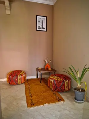 a living room with two ottomans and a table and a plant at Appartement cosy au cœur de la medina in Marrakech