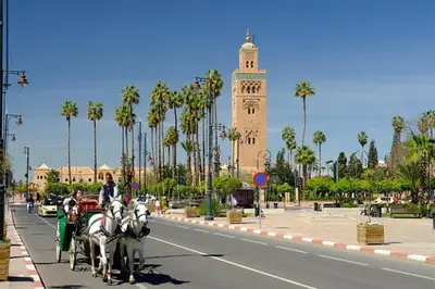 a horse drawn carriage on a city street with a clock tower at Riad Yalulen in Marrakech