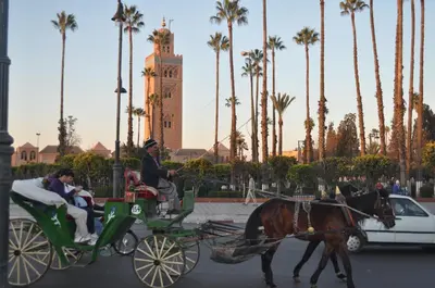 a horse pulling a green carriage with people at Appartement Andalou in Marrakech