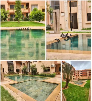 a collage of pictures of a swimming pool in a building at Bohemian Chic Apartment in Guéliz - Pool View in Marrakech
