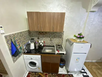 a small kitchen with a sink and a washing machine at Cosy, Calm Apartment - Wi-Fi, AC & NETFLIX in Marrakech