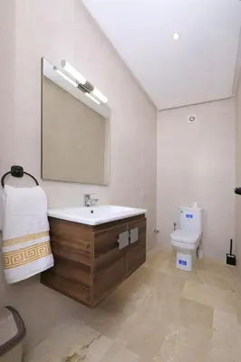 a bathroom with a sink and a mirror and a toilet at 2 Bedroom flat - Marrakech in Marrakech