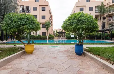 three potted trees inront of a swimming pool at Résidence riad jawhara in Marrakech