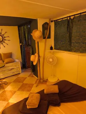 a room with a room with a bed and a fan at maison Noé , chambre au rez de chaussée ,un lit double, sale de bain privative séparer in Marrakech